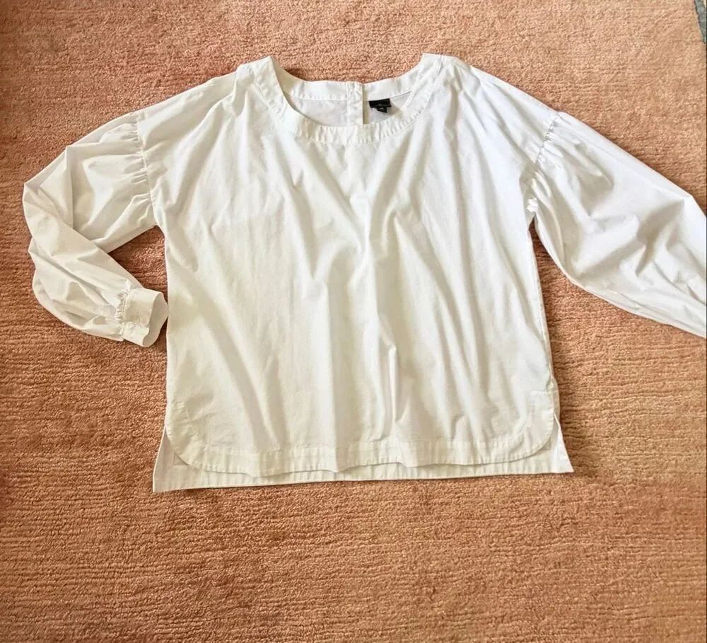 Worthington XL White Cotton Blend Poplin Blouse Puff Sleeve Round Neck Top